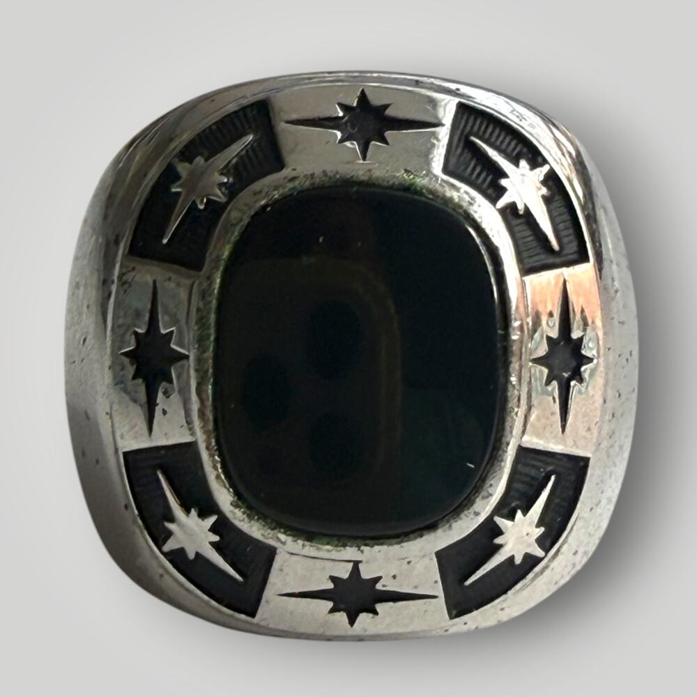 Vintage Sterling Silver Black Onyx Men’s Ring Starburst Celestial Size 7,5 16.5g